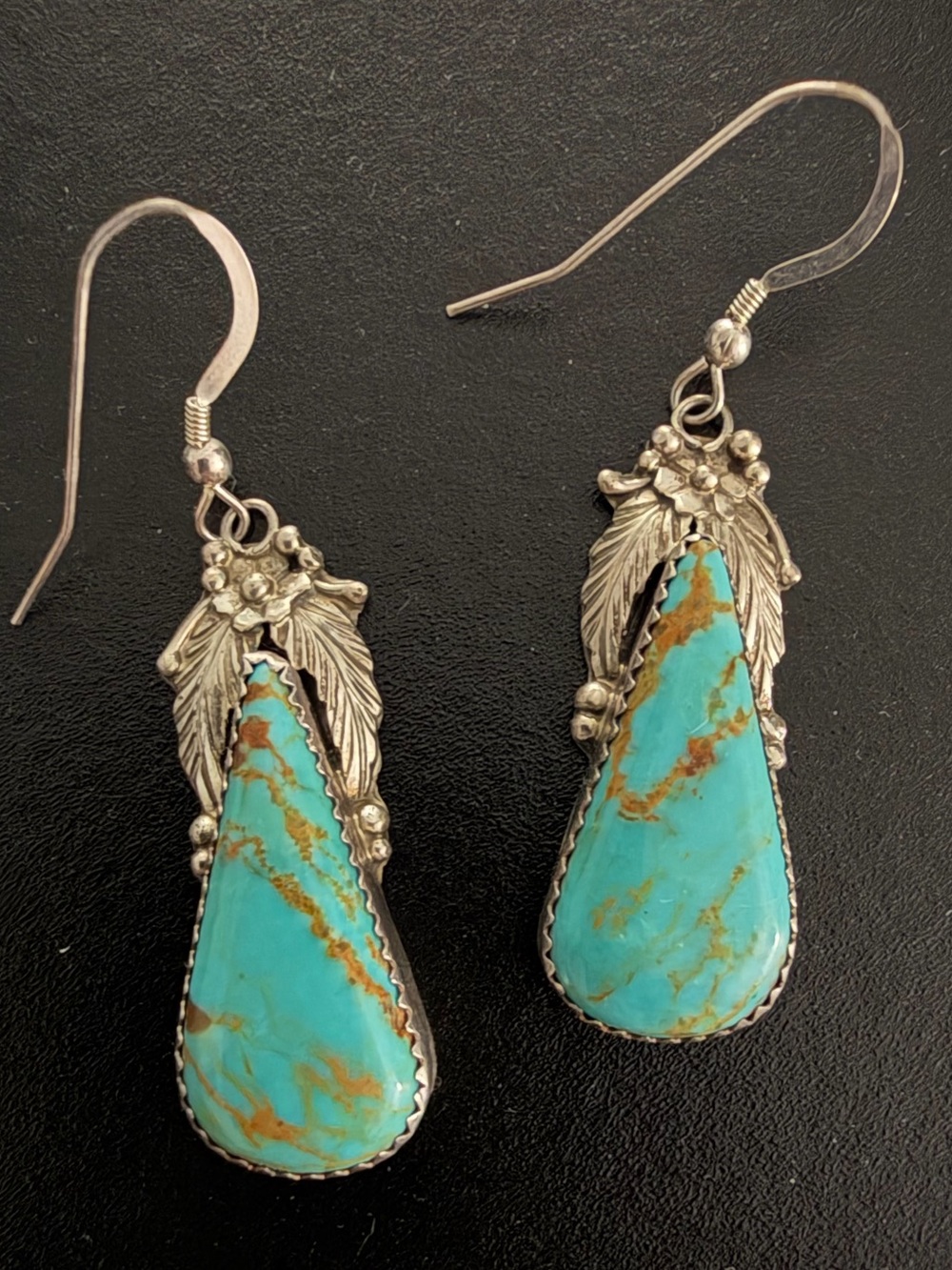Beautiful Vintage Navajo Sterling Silver Turquoise Squash Blossom Earrings